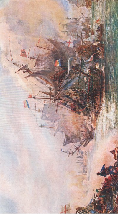 Los tres días de combate de Blake con Von Trump 1652, ilustración de La Historia del Pueblo Británico publicada por Waverley, c.1940 de William Lionel Wyllie